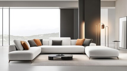 Comfortable fabric sofa with an L-shape design, placed in a modern living room with minimalist decor and large windows.