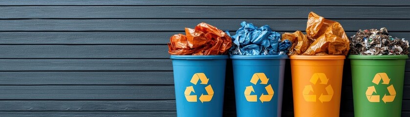 Hands carefully sorting different waste materials into color-coded bins outdoors, waste separation, environmental awareness