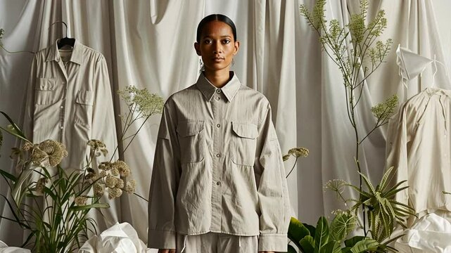 A sustainable fashion brand sourcing materials ethically, using renewable energy and eco-friendly processes to create clothing.