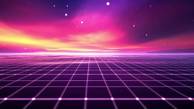 Purple and pink abstract background with a grid pattern and white dots.