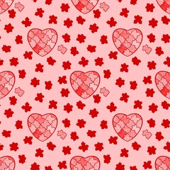 Seamless pattern with puzzles in the shape of a heart. Concept Love, Valentine's Day, birthday, beauty, fashion.