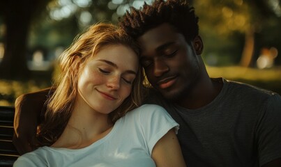 Obraz premium Couple hugging with eyes closed, outdoor setting.