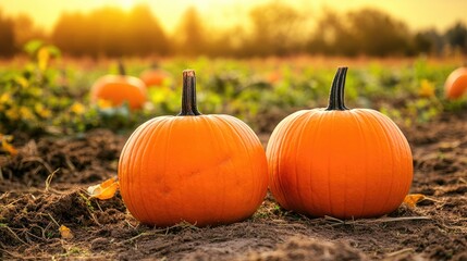Close-up of a pumpkin patch in a rustic farm setting. Halloween