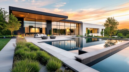 Landscape architecture of a contemporary home with a sleek pool, modern planters, and low-maintenance greenery, blending indoor and outdoor living.