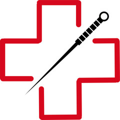 Medical acupuncture sign logo symbol with needle and red cross