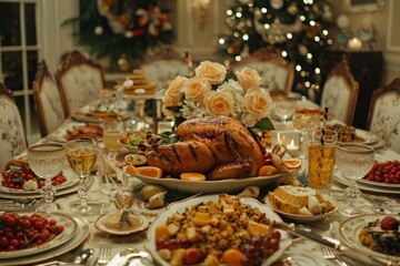 Thanksgiving feast with grilled turkey centerpiece, festive decor, side dishes, drinks, and soft lighting for a cozy, inviting atmosphere