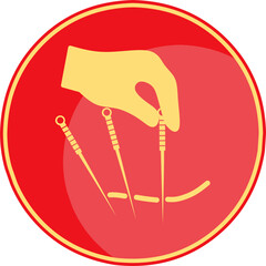 Golden hands hold gold acupuncture needle in red circle background illustration