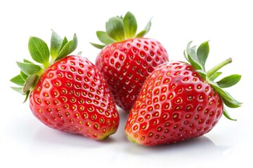 Aerial view of three fresh strawberries on white background