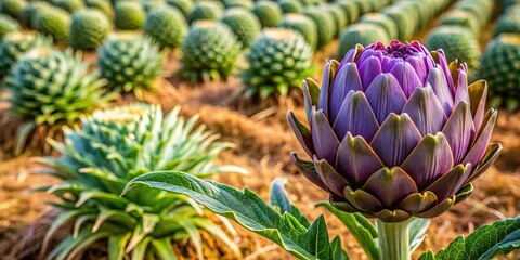 Aerial view of very long leaf and purple artichoke fields in Sardinia