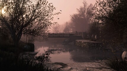 Misty Morning Landscape with Bridge and River