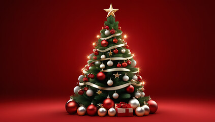 christmas tree decorated stars red background ideal festive greetings
