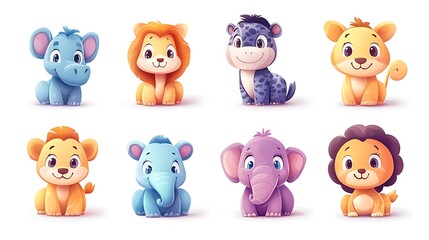 Fototapeta premium Adorable Cartoon Animal Illustration Set Lion Elephant Zebra Cute Characters Baby Ani