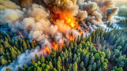 Aerial view of wildfire burning in pine forest with smoke and flames