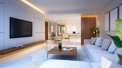 Fototapeta premium Spacious living room with a flat-screen TV, plush couch, and a coffee table, ideal for movie nights or gaming sessions.