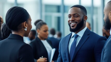 A group of business professionals fills a bright, modern office space, with one man smiling and conversing with a woman. Others are absorbed in their own discussions