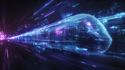 A futuristic, high-speed train is shown in a digital design. The train is made of lines and dots, giving it a modern look. The design uses blue and purple colors to create a futuristic feel.