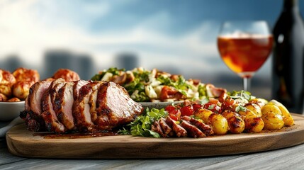 Closeup of Grilled Pork Tenderloin with Roasted Potatoes and Salad on a Wooden Board