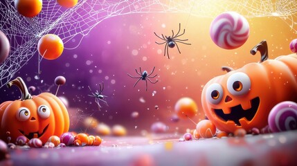 A bright and colorful Halloween background featuring cartoon candy, grinning pumpkins, and playful spiders swinging from cartoon webs.
