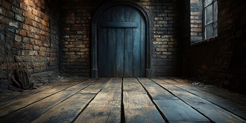 An aged wooden doorway framed by weathered brick walls, inviting exploration with its rustic charm and mysterious allure