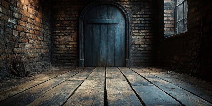 An aged wooden doorway framed by weathered brick walls, inviting exploration with its rustic charm and mysterious allure