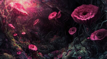 Enchanted Forest: A Surreal Landscape with Glowing Pink Flowers