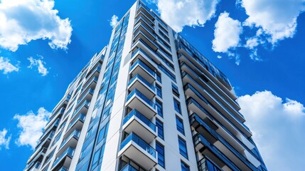 A sleek, modern residential building features multiple glass balconies, reflecting sunlight against a backdrop of a vibrant blue sky filled with white clouds, conveying urban tranquility