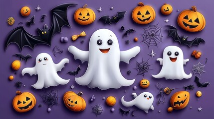 A doodle-filled Halloween background featuring smiling ghosts, flying bats, and grinning pumpkins, all hand-drawn in a playful style.