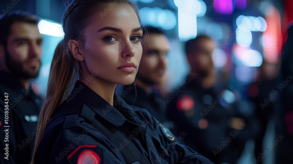 Wall mural A confident young woman in uniform stands in focus among a group of officers, set against a vibrant, illuminated backdrop.