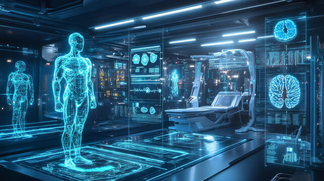 A futuristic medical scene with glowing holographic shields, robots, and advanced technology.