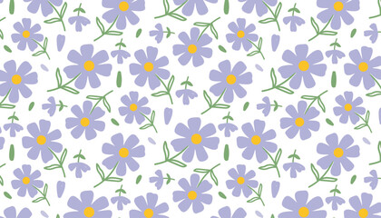 Boho seamless pattern with wildflowers, white and purple flowers botany background.