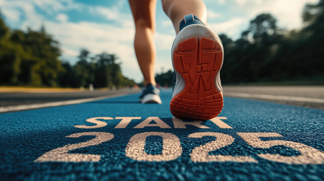 New year 2025 or start straight concept, word 2025 written on the asphalt road and athlete woman running preparing for new year at sunset, goals and plans for the next year, generative ai