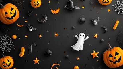 Fototapeta premium A Halloween doodle background with playful drawings of pumpkins, spooky ghosts, and stars, all in a simple, sketch-like style.