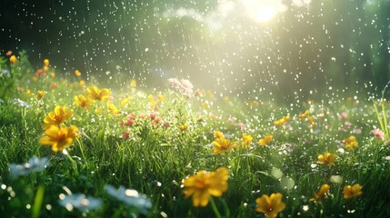 Obraz premium Yellow Flowers in a Field During a Light Rain Shower