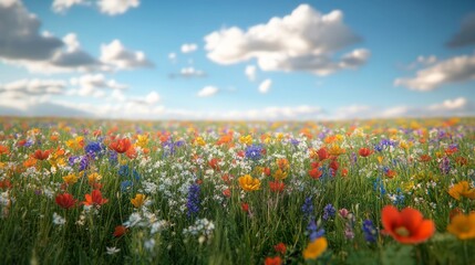 Colorful Wildflowers Blooming in a Meadow Under a Blue Sky
