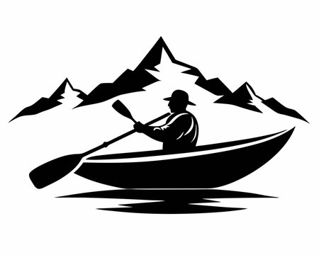 black kayak with mountains and paddler clip art preview