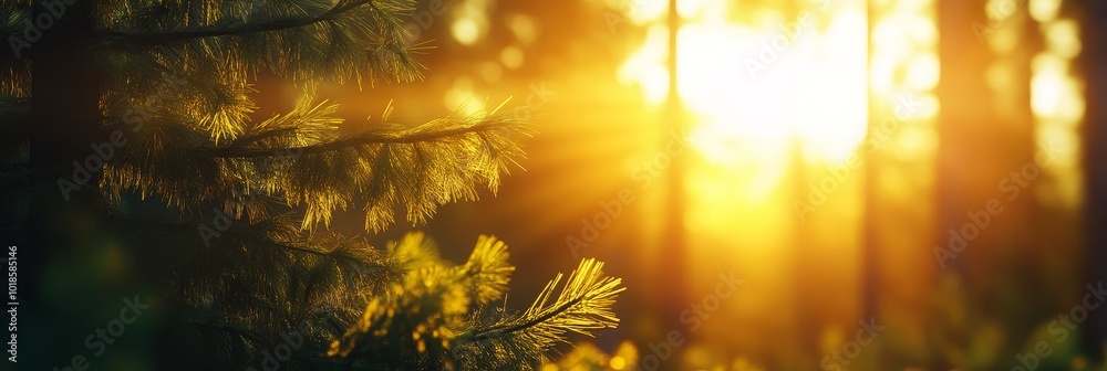 Canvas Prints Golden Hour Sunlight Streaming Through Forest, capturing a serene moment of nature's beauty, with pine branches framing a sun-drenched landscape, evoking feelings of peace, tranquility, and warmth.