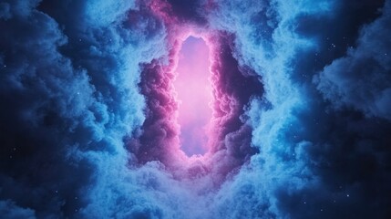 A striking display of cosmic clouds illuminates the night sky, revealing a bright, swirling light at the center, showcasing the beauty of a digital space artwork