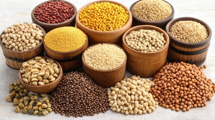 Fototapeta premium This vibrant display showcases an assortment of spices and grains in wooden bowls, including mustard seeds, lentils, and chickpeas, arranged artistically on a textured background
