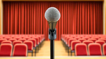 The microphone is set on a stand at the center of an empty stage, with rows of red chairs in the background, indicating a space prepared for a presentation or speech