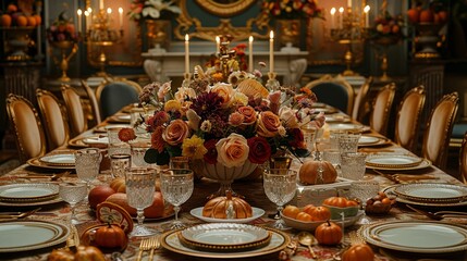 Ornate Thanksgiving table setting with autumnal colors, seasonal flower centerpiece, golden cutlery, crystal glasses, and detailed napkins folded in intricate designs