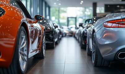 Orange and grey sports cars in a showroom.