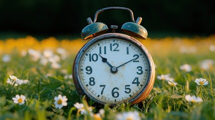 The vintage alarm clock is positioned on lush green grass, surrounded by blooming wildflowers, capturing the serene beauty of nature at dusk
