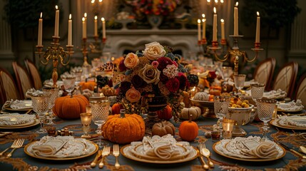 Sophisticated Thanksgiving tablescape with seasonal flowers, golden cutlery, crystal glasses, and intricately folded napkins in warm autumnal colors and a soft ambiance