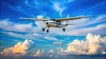 Obraz premium Airplane flying at eye level with blue sky background