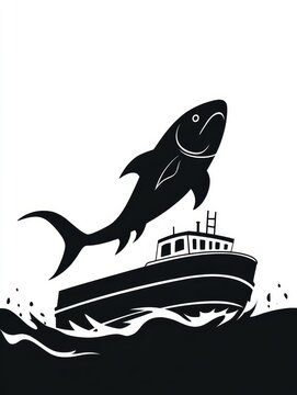 recommend clip art: Trawler and Fish Silhouette, representing a successful fishing expedition, a symbol of maritime life, the connection between sea and sustenance, the thrill of the catch, and the beauty of nature.