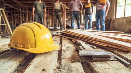 A group of construction workers stands together on a wooden floor at a construction site. Nearby, a yellow hard hat and various tools rest on the scattered timber
