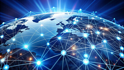 A digital network of interconnected dots and lines representing global communication.