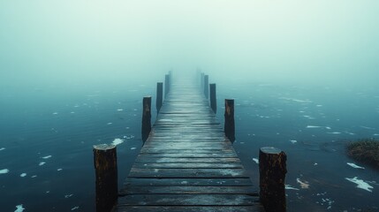 Fototapeta premium A wooden dock leads into a thick fog, creating a mysterious atmosphere as it disappears into the calm water at dawn, invoking tranquility and wonder