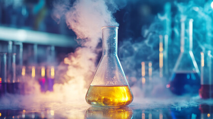 A glass flask filled with a solution sits in a science lab. The background shows test tubes and a swirling cloud of smoke.