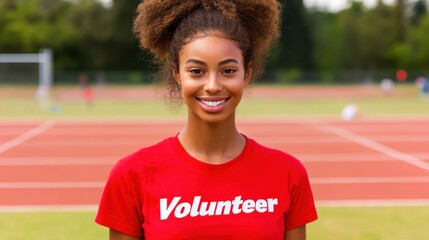 A cheerful young volunteer stands on an athletic field, dressed in a bright red shirt
